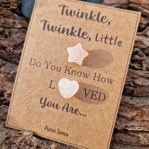 Rose quartz gift. Premium grade rose quartz star and heart on a gift card. Cute crystal gift.