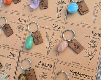 Personalised Birth Flower Crystal Keyring. Custom Engraved Wood Name Tag and Genuine Tumbled Birthstone Gemstone Keepsake Gift Set