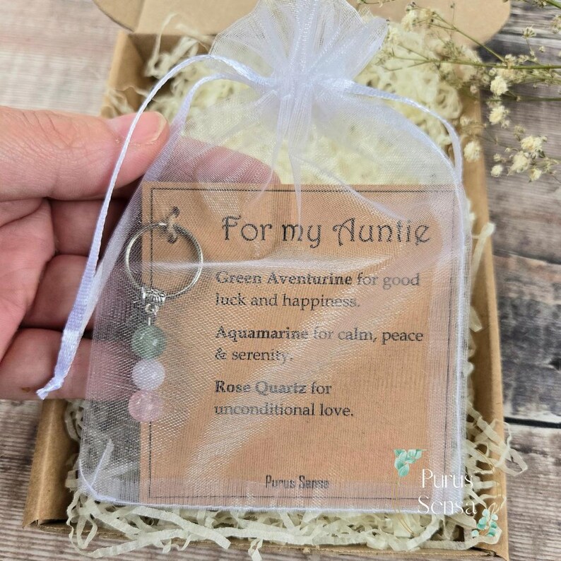 Personalised Auntie Gemstone Keychain | Green Aventurine, Aquamarine, Rose Quartz Keepsake image 5
