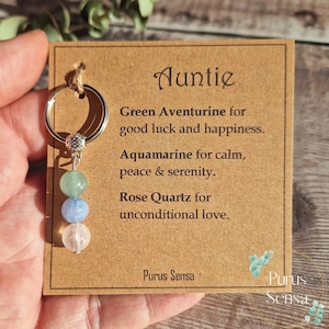 chaveiro de cristal personalizado para a titia. chaveiro de pedra preciosa genuína. Aniversário. Cristais para cartão-presente da titia e chaveiro lembrança fofa única