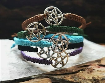 Pentagram Star 5 Elements macrame bracelet adjustable witchcraft wiccan Pagan cord black purple green blue brown