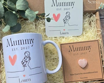 Personalised Mummy Gift Box Set. Custom New Mum Mug and Coaster Keepsake with Rose Quartz Heart Baby Announcement Present