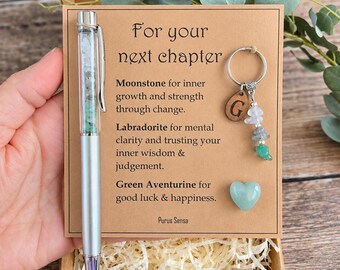 Personalised Next Chapter gift for new job, off to uni or a new school Custom engraved Crystal Pen & Keyring with a good luck crystal
