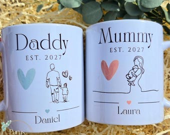 Personalised Mummy and Daddy Mug Set. Matching New Parents Custom Coffee Mugs and Expecting Parents Baby Shower Keepsake Gift