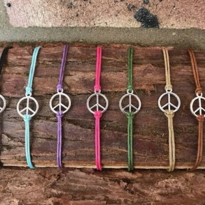 PEACE Cord Bracelet. Festival Hippy Style Bracelet Stacking Hippie Boho Adjustable Black pink Green Blue Brown Purple  Peace Yoga