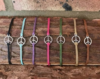 PEACE Cord Bracelet. Festival Hippy Style Bracelet Stacking Hippie Boho Adjustable Black pink Green Blue Brown Purple  Peace Yoga