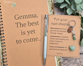 Personalised New Beginnings Journal Gift Set, engraved Pen & Crystal Keyring Kit, Custom set for Next chapter
