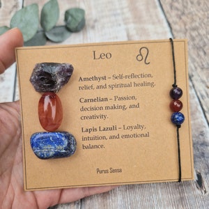 Conjunto de cristal LEO. Presente Leão. Presente de cristal para Leo. Cristal do Zodíaco colocado em um cartão descritivo. Pulseira Leo e conjunto de cristais. Pulseira do signo