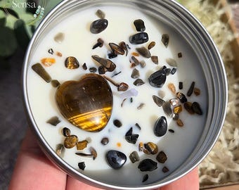 Protection Crystal Candle: Lavender, Soy, Black Tourmaline, Tiger Eye, Hematite (4oz)