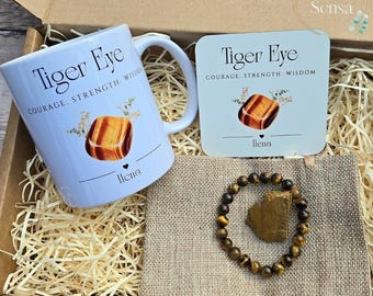 Personalised Tiger Eye Gift Set, Bracelet, Mug, Coaster, Crystal (Handmade)