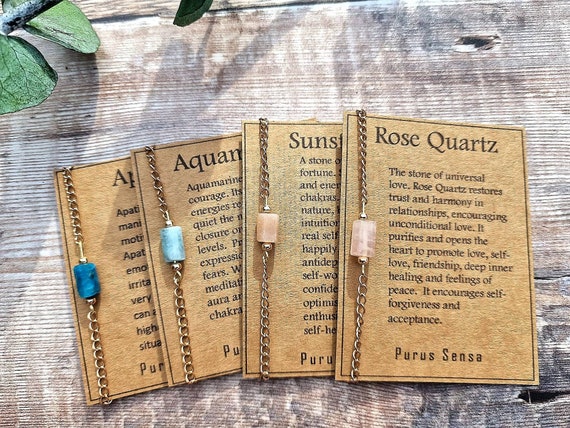 Crystal Stone Bracelet, Surgical Steel Chain, Apatite, Aquamarine, Rose Quartz, Sunstone