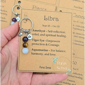 Könnte beinhalten: Eine braune Karte mit dem Text "Libra Sept 23 - Oct 22" und Beschreibungen der dem Sternzeichen zugeordneten Edelsteine: Amethyst, Tigerauge und Aquamarin. Die Karte ist an einem silbernen Schlüsselanhänger mit einem Anhänger des Sternzeichen-Symbols Waage und drei Edelsteinen befestigt.