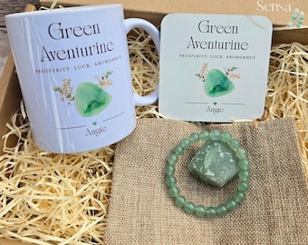 Personalised Green Aventurine Gift Set, Bracelet, Mug, Coaster, Crystal (Handmade)