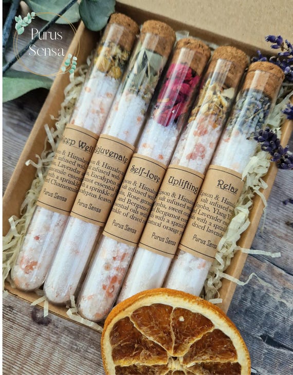 Wellbeing Bath Salts Gift Set: Essential Oils, Dried Botanicals
