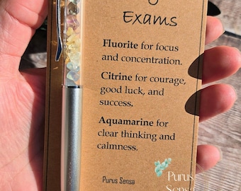 Crystal pen for exams. exam support. good luck. success. genuine natural crystal chips. GCSE A LEVELS. university. black ink ballpoint pen