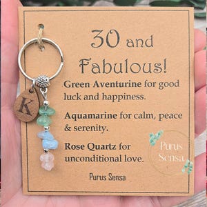 30 and fabulous crystal keyring for 30th birthday for her. 30s 30th for her. personalised genuine crystals. Crystal gift key chain engraved