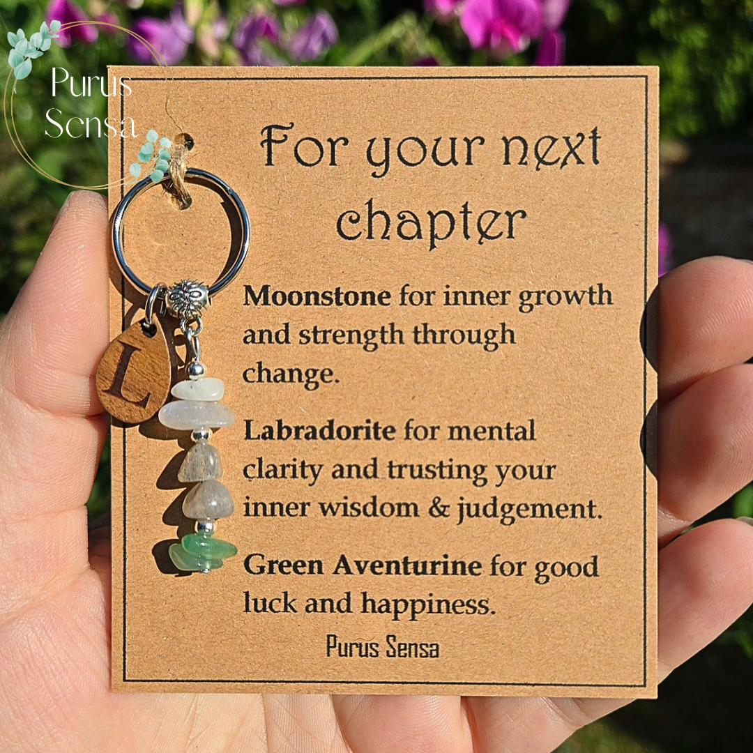 PERSONALISED new CHAPTER. Moving on for Next chapter.  keyring .Crystals for new job / new school / graduation / new home / CUSTOM gift