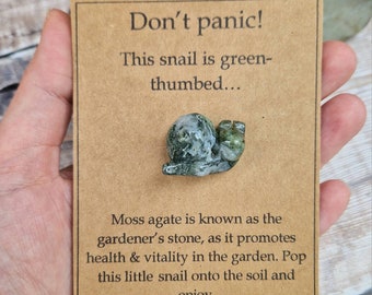 Unique gardeners gift. Moss agate crystal for the garden. Cute snail. Gift for the garden. Green fingers. Gift for plant lover.