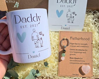 Personalised Daddy Gift Box Set. Custom New Dad Mug and Coaster Keychain with Fatherhood 3 Bead Crystal Keyring Baby Announcement Present