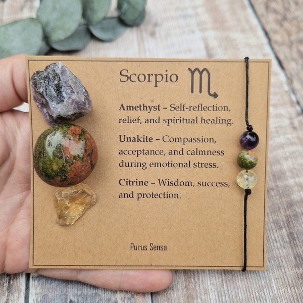 SCORPIO crystal set. Scorpio gift. Crystal gift for scorpio. Zodiac crystal set on a descriptive card. Scorpio bracelet and crystal set.