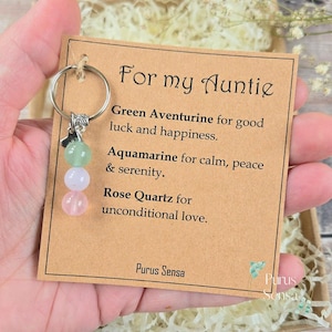 Personalised Auntie Gemstone Keychain | Green Aventurine, Aquamarine, Rose Quartz Keepsake image 1