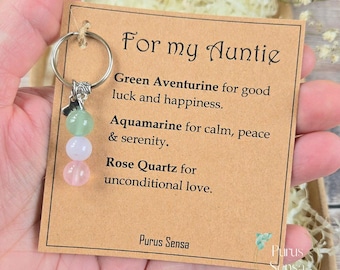 Personalised Auntie Gemstone Keychain | Green Aventurine, Aquamarine, Rose Quartz Keepsake