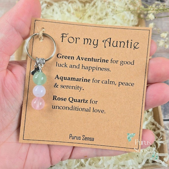 Personalised Auntie Gemstone Keychain | Green Aventurine, Aquamarine, Rose Quartz Keepsake