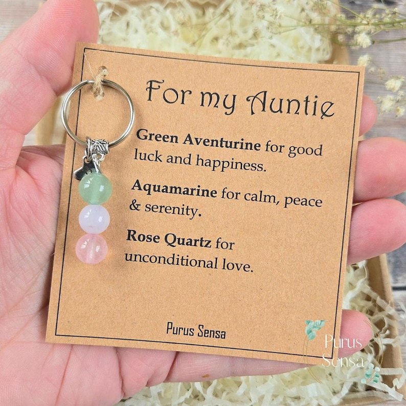 Personalised Auntie Gemstone Keychain | Green Aventurine, Aquamarine, Rose Quartz Keepsake image 1