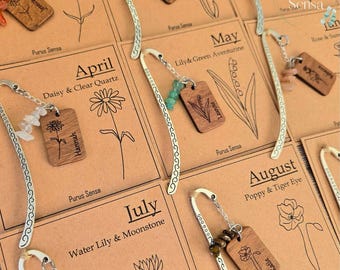 Personalised Birth month Flower Crystal Bookmark. Custom Engraved Wood Name Tag and Genuine birthstone Book Marker Reader Gift Set