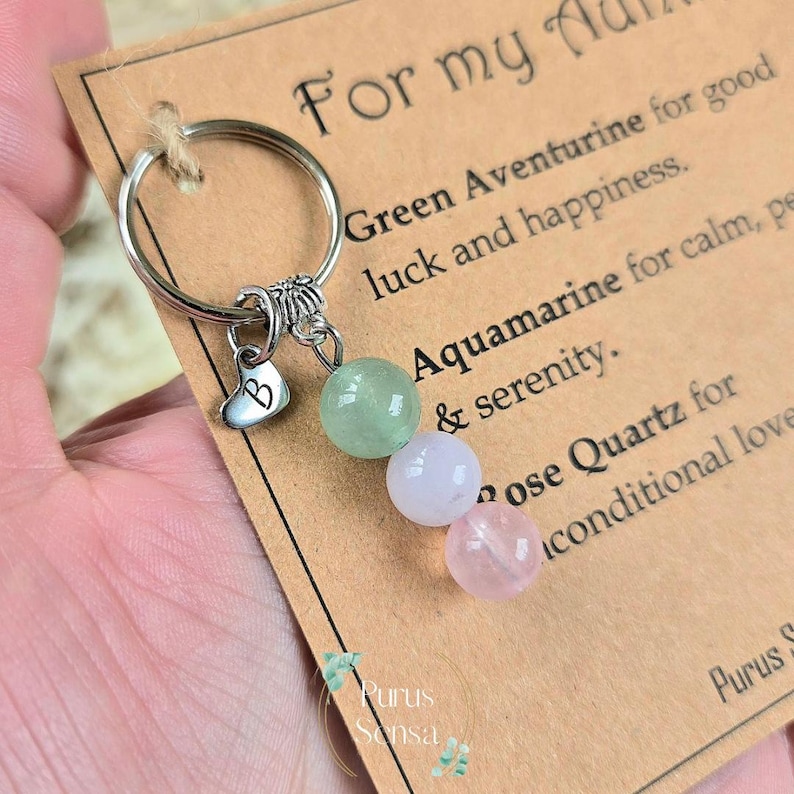 Personalised Auntie Gemstone Keychain | Green Aventurine, Aquamarine, Rose Quartz Keepsake image 4