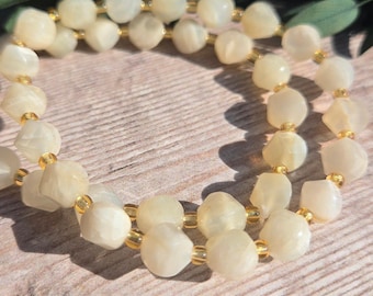 Faceted White Moonstone Bracelet, Gold Seed Bead Crystal Stretch Bracelet