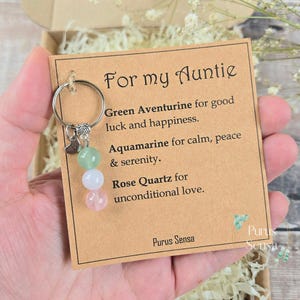 Personalised Auntie Gemstone Keychain | Green Aventurine, Aquamarine, Rose Quartz Keepsake image 3