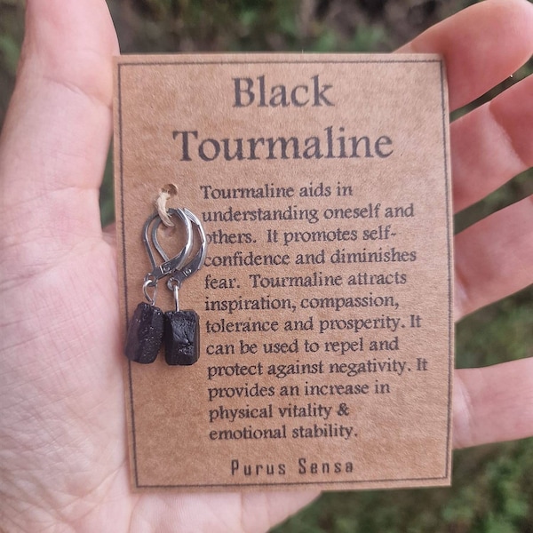 Black Tourmaline Huggie Earrings, Surgical Steel, Natural Gemstone