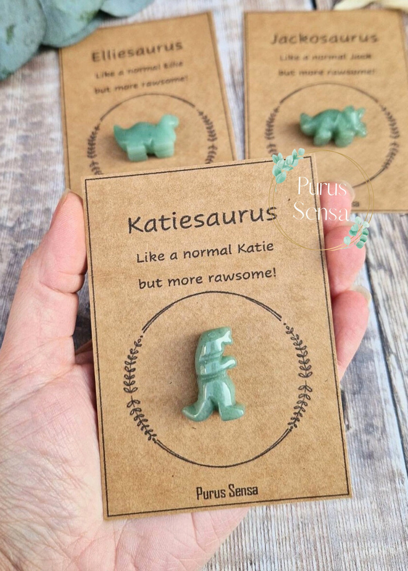 Personalised Dinosaur gift. Genuine Dinosaur crystal on a personalised gift card for him / for her. Dinosaur friendship / birthday