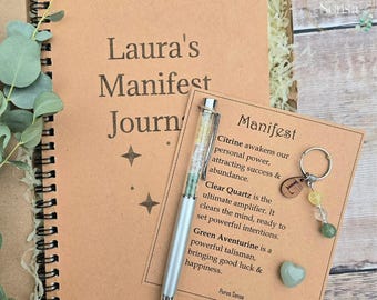 Personalised Manifestation Journal Gift Set, engraved Pen & Crystal Keyring Kit, Custom Spiritual gift for manifesting