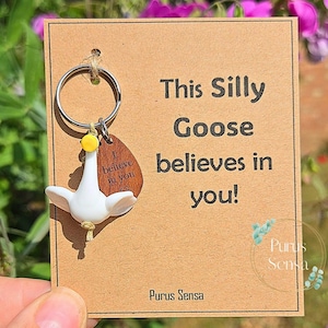Può includere: Un portachiavi a forma di oca bianca con testa gialla e un'etichetta di legno con la scritta "I believe in you". Il portachiavi è attaccato a un cartoncino marrone con il testo "This Silly Goose believes in you!" e il marchio "Purus Sensa".