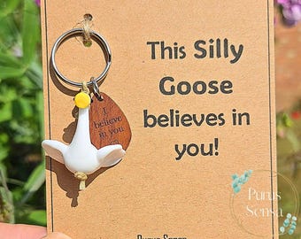 SILLY GOOSE uplifting gift. cute novelty keyring for friend family friendship. funny keepsake key chain. for him her. Exams interview.