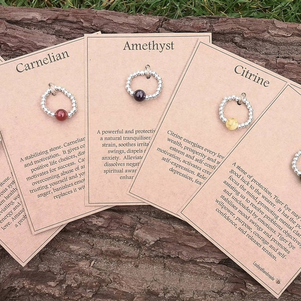 Genuine Healing Gemstone Ring Stackable Stretch Silver Crystal Bead Ring Descriptive Card Gift Reiki Chakra Semi Precious