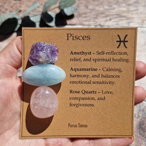 PISCES crystals. Pisces gift. Crystal gift for Pisces. Zodiac crystal set on a descriptive card.