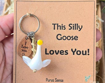 This silly goose loves you goose keyring engraved with I Love You uplifting Gift for loved one on a card
