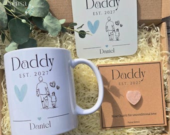 Personalised Daddy Gift Box Set. Custom New Dad Mug and Coaster Keepsake with Rose Quartz Heart Fatherhood Announcement Present