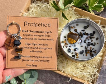 Protection Gift Set: Crystal Keyring and Soy Candle, Tiger Eye Keepsake