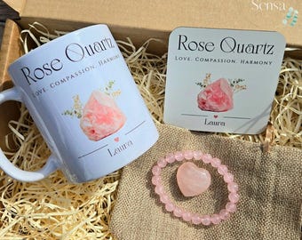 Personalised Rose Quartz gift set. Bracelet, crystal, mug and coaster gift box