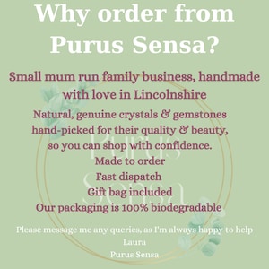 May include: A light green background with text that reads "Why order from Purus Sensa?" followed by details about the business, including handmade items, natural crystals, and biodegradable packaging. The text is in white and maroon.