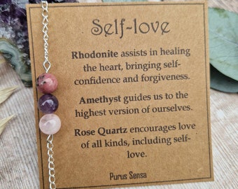 Self-Love Crystal Bracelet, Rose Quartz, Rhodonite, Amethyst