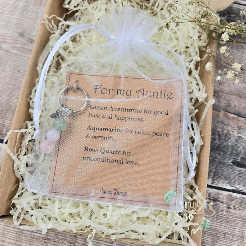 Personalised Auntie Gemstone Keychain | Green Aventurine, Aquamarine, Rose Quartz Keepsake image 6