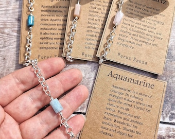 Crystal bracelet on a chunky silver chain. Apatite, aquamarine, Rose quartz, Sunstone gemstone bracelet on Descriptive Card