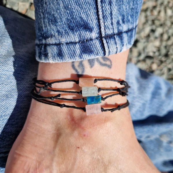 Beautiful crystal anklet. Apatite. Sunstone. Aquamarine. Rose quartz anklet. Adjustable cord.