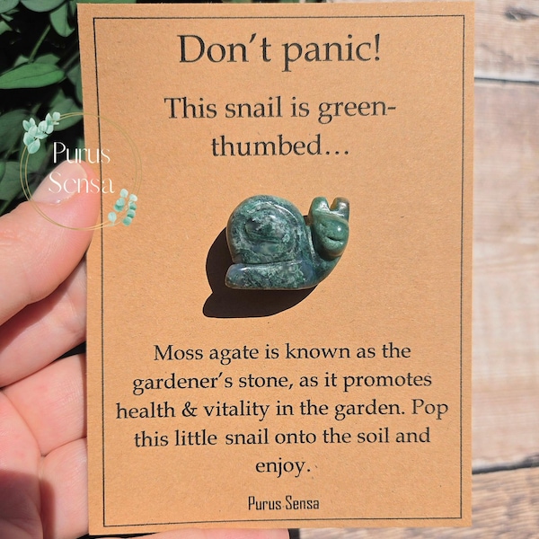 Unique gardeners gift. Moss agate crystal for the garden. Cute snail. Gift for the garden. Green fingers. Gift for plant lover.