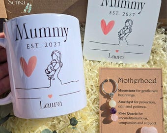 Personalised Mummy Gift Box Set. Custom New Mum Mug and Coaster Keychain with Motherhood 3 Bead Crystal Keyring Baby Announcement Present